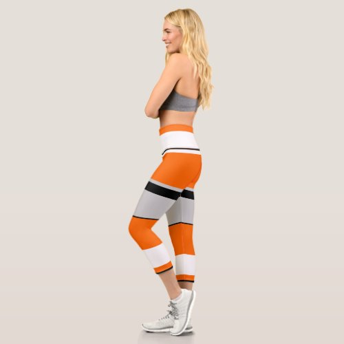 Vibrant Orange White Black and Ash Striped Capri Leggings