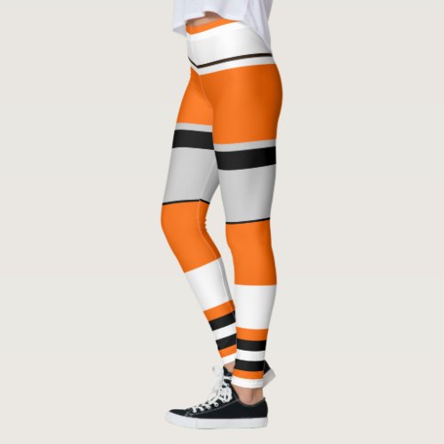 Vibrant Orange White Black and Ash Striped Leggings