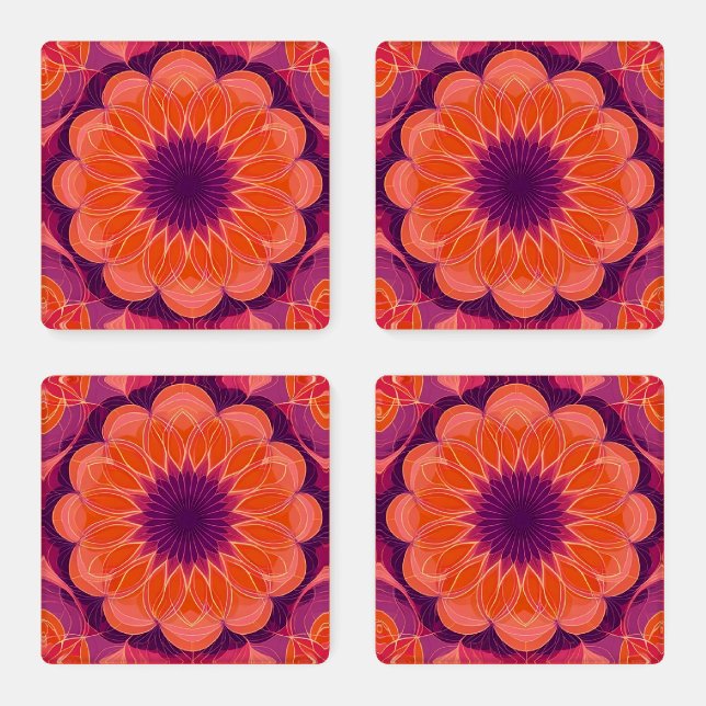 Vibrant Orange with Purple Floral Kaleidoscope Coaster Set (Set)