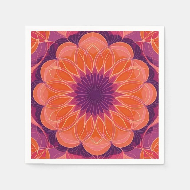 Vibrant Orange with Purple Floral Kaleidoscope Napkins (Front)