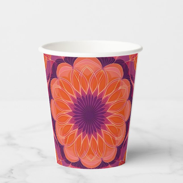 Vibrant Orange with Purple Floral Kaleidoscope Paper Cups (Front)