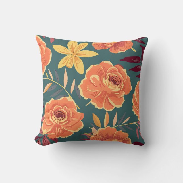 Vibrant Orange & Yellow Floral on Green Background Throw Pillow (Front)