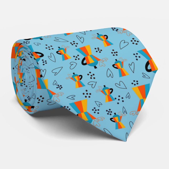 Vibrant Oranges Blues Coffee Lovers Neck Tie (Rolled)
