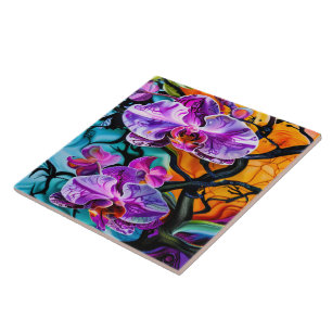 Vibrant Orchid Blooms Against Distinctive Backdrop Ceramic Tile