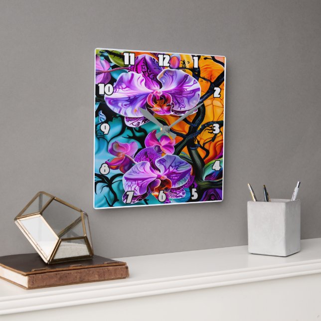 Vibrant Orchid Blooms Against Distinctive Backdrop Square Wall Clock (Office)