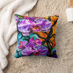 Vibrant Orchid Blooms Against Distinctive Backdrop Throw Pillow