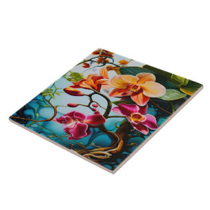 Vibrant Orchids Blooming in Tropical Paradise Ceramic Tile