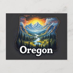 Vibrant Oregon Landscape Art Illustrated Mountai Holiday Postcard