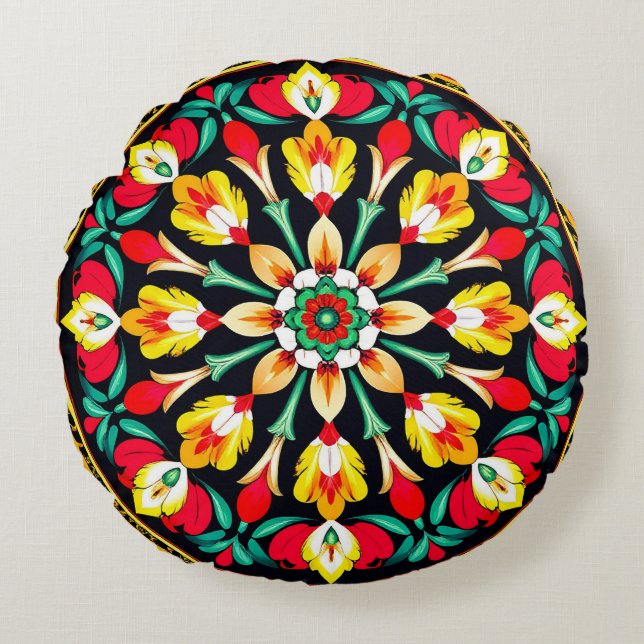 Vibrant Ornate Mandala Design Round Pillow (Front)