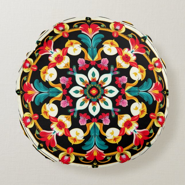 Vibrant Ornate Mandala Design Round Pillow (Front)