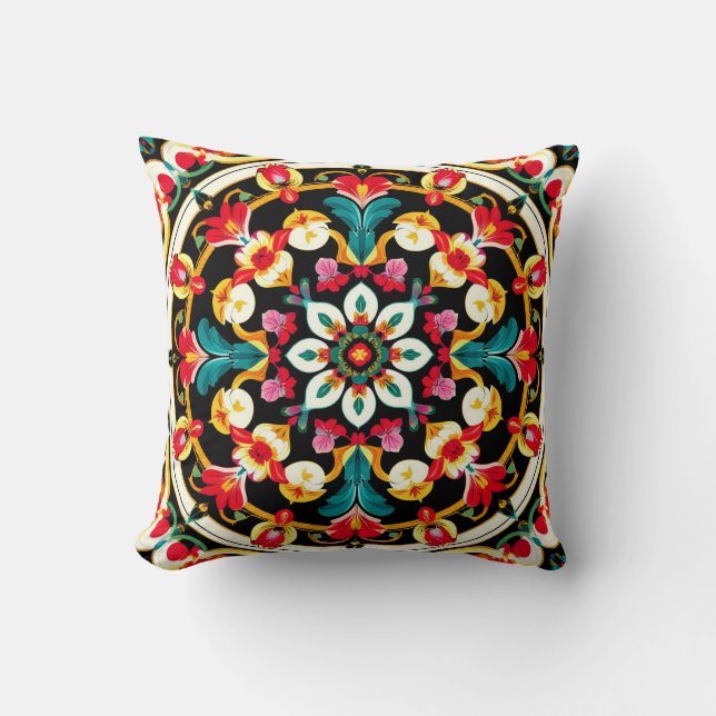 Vibrant Ornate Mandala Design Throw Pillow (Front)