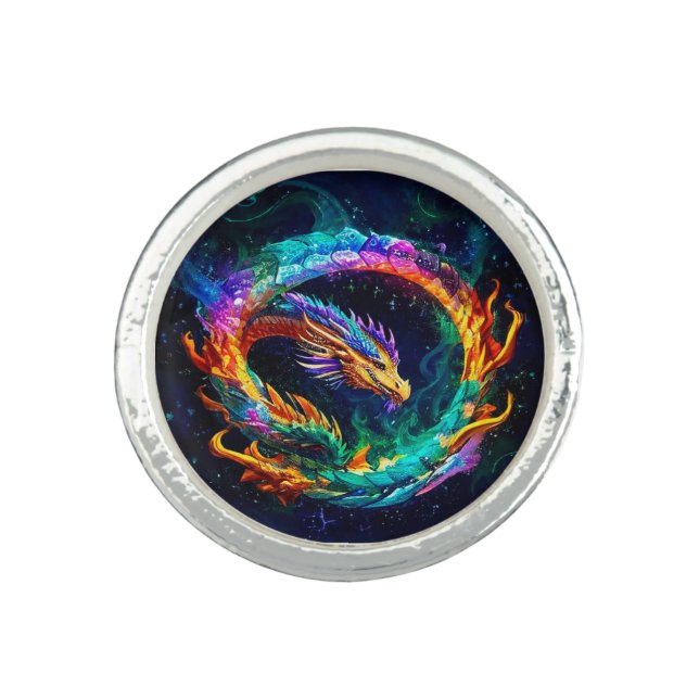 Vibrant Ouroboros Dragon Art Symbol Ring (Front)