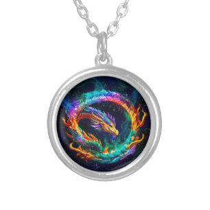 Vibrant Ouroboros Dragon Art Symbol Silver Plated Necklace