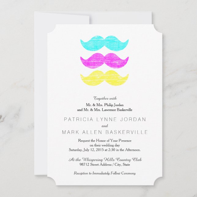 Vibrant Overlapping CMY Mustache Pattern Invitation (Front)