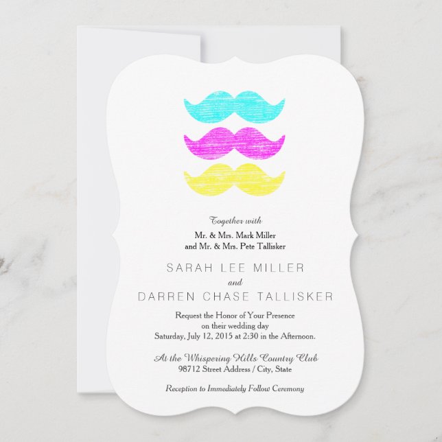 Vibrant Overlapping CMY Mustache Pattern Invitation (Front)