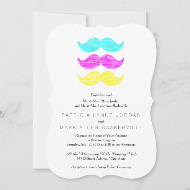 Vibrant Overlapping CMY Mustache Pattern Invitation (Front)