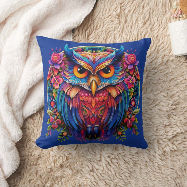 Vibrant Owl - Colorful Boho Throw Pillow (Blanket)