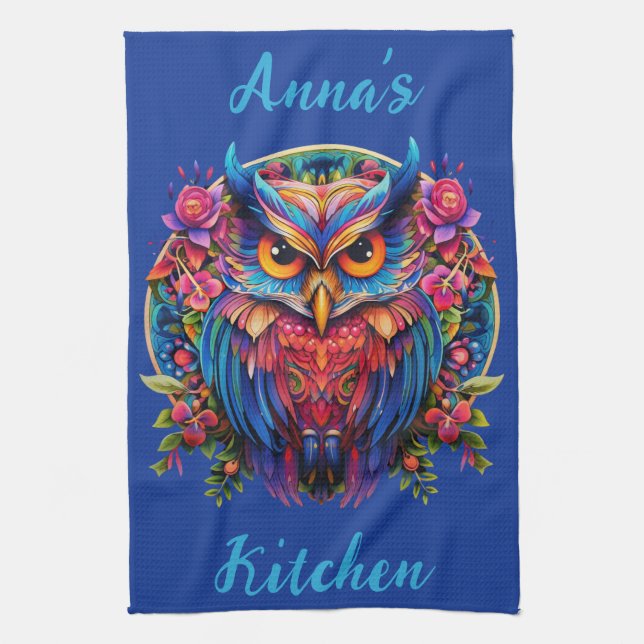 Vibrant Owl - Colorful Boho w/ Custom Name Kitchen Towel (Vertical)