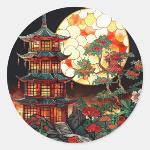 Vibrant Pagoda Stained Glass Art Classic Round Sticker