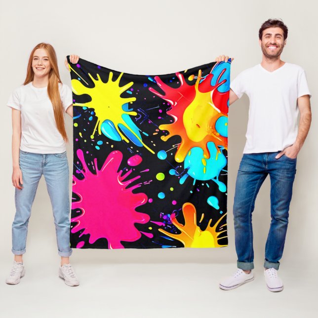 Vibrant Paint Splatter Artwork Burst Fleece Blanket (In Situ)