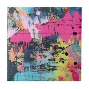 Vibrant Paint Splatter Graffiti Pink Yellow Blue Ceramic Tile
