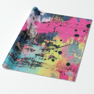 Vibrant Paint Splatter Graffiti Pink Yellow Blue Wrapping Paper