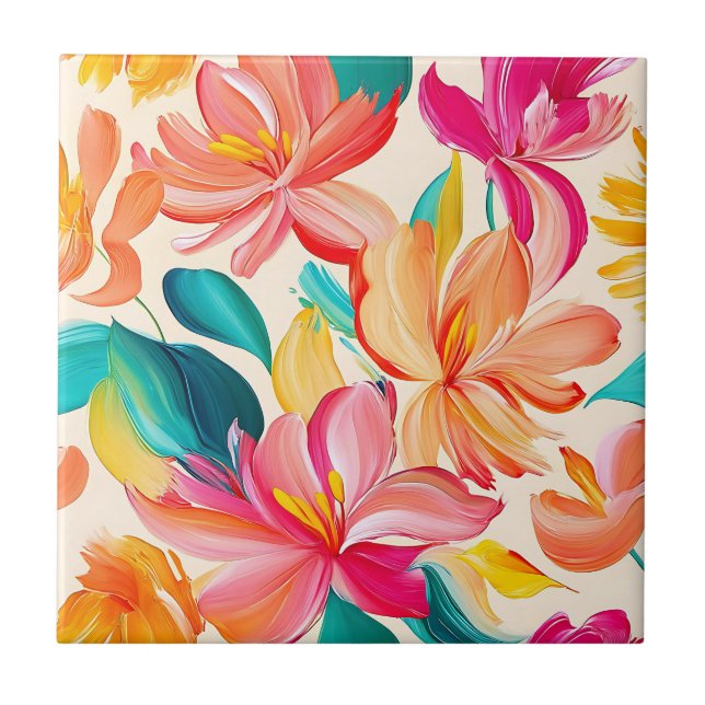Vibrant Painted Floral Pattern Ceramic Tile (Front)