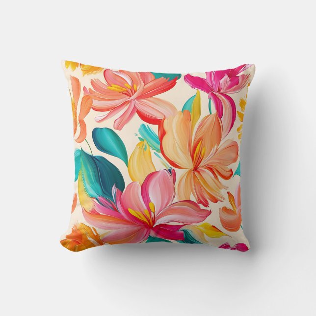 Vibrant Painted Floral Pattern Throw Pillow (Front)