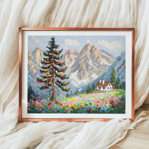 Vibrant Painting Mountain Wildflower Cabin Art Poster