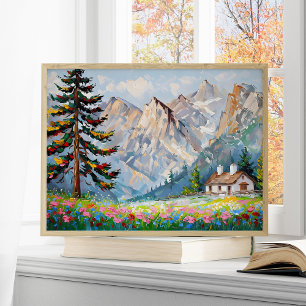 Vibrant Painting Mountain Wildflower Cabin Art Poster