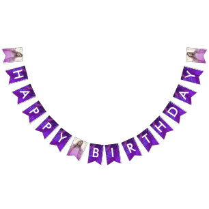 Vibrant Palm Leaf Purple Photo Happy Birthday Flag