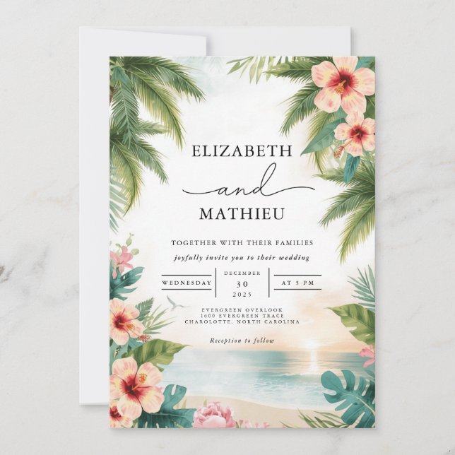 Vibrant Palms Coral Bloom Arch Wedding Invitation (Front)