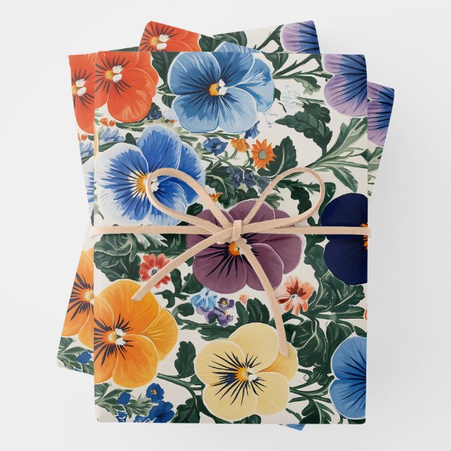 Vibrant Pansy Floral Illustration Wrapping Paper Sheets (In situ)