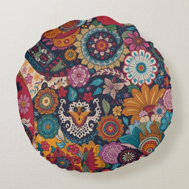 Vibrant Papel Picado Boho Pattern Round Pillow (Back)