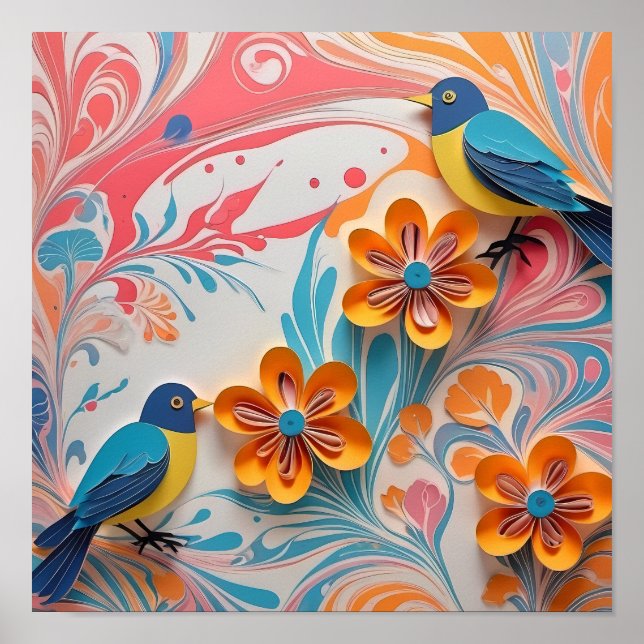 Vibrant Paper Birds and Floral Art - Creative  Poster (Front)