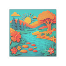Vibrant Paper-Cut Sunset River Landscape