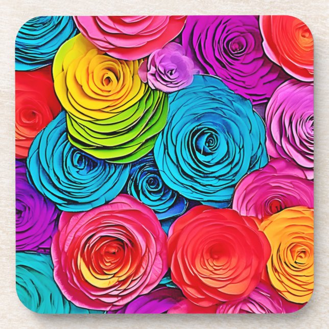 Vibrant Paper Roses Beverage Coaster (Front)