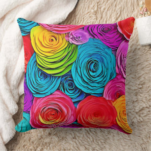 Vibrant Paper Roses Throw Pillow