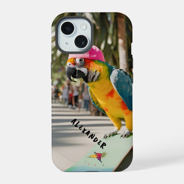 Vibrant Parrot on Skateboard iPhone 15 Case (Back)