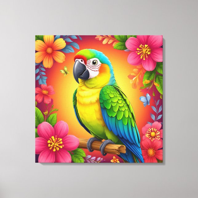 Vibrant Parrot Perched On A Branch Canvas Print (Front)
