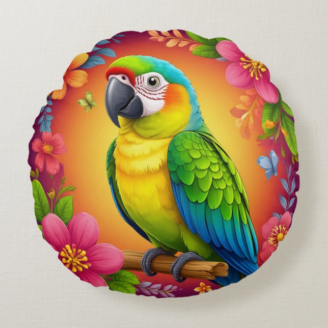 Vibrant Parrot Perched On A Branch Round Pillow (Front)