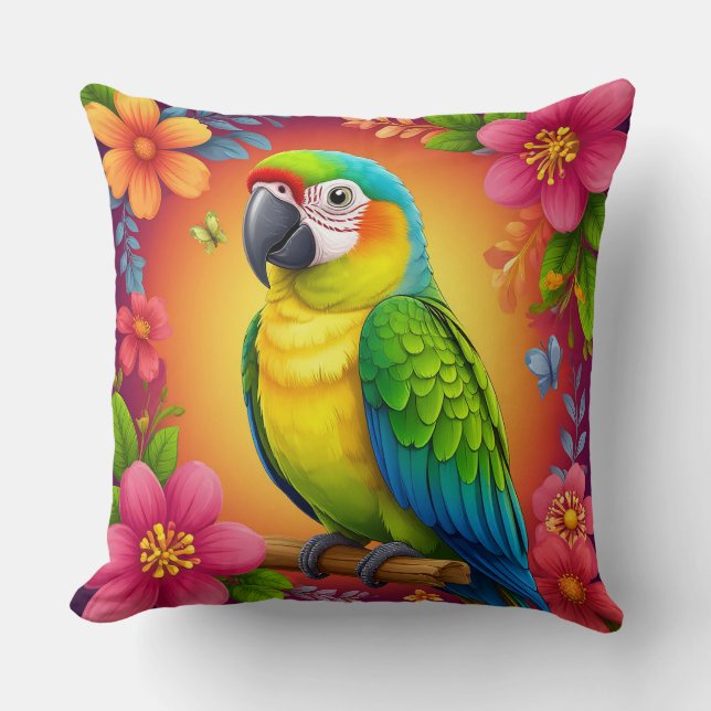 Vibrant Parrot Perched On A Branch Throw Pillow (Front)