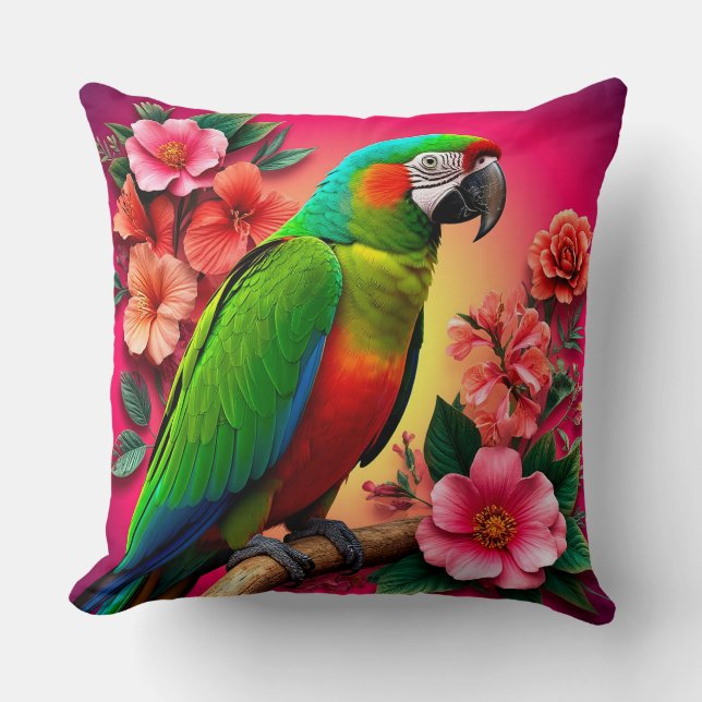 Vibrant Parrot Perched On A Branch Throw Pillow (Front)