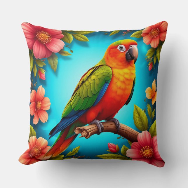 Vibrant Parrot Perched On A Branch Throw Pillow (Front)