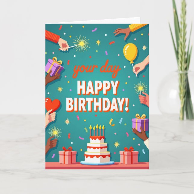 Vibrant Party Hands Birthday Card (Front)