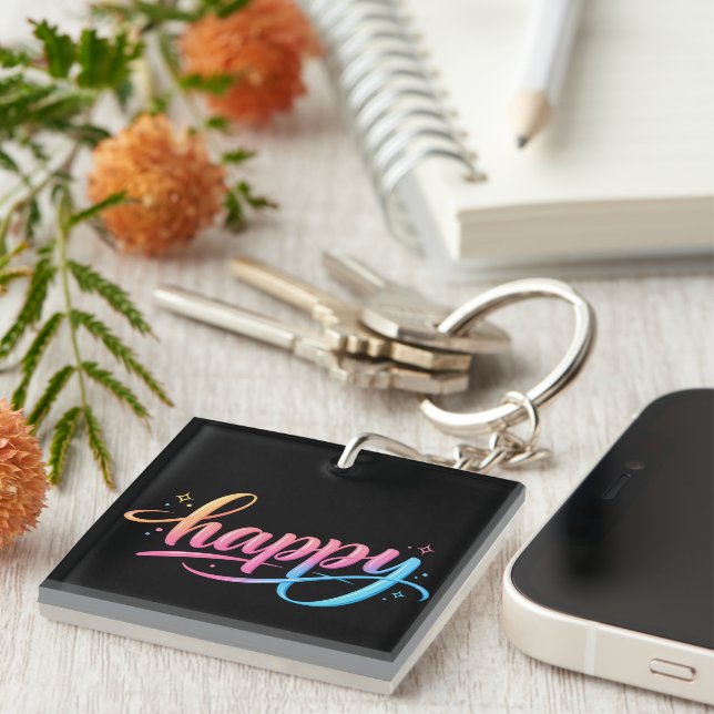 Vibrant Pastel Gradient HAPPY Typography - Modern  Keychain (Front Right)