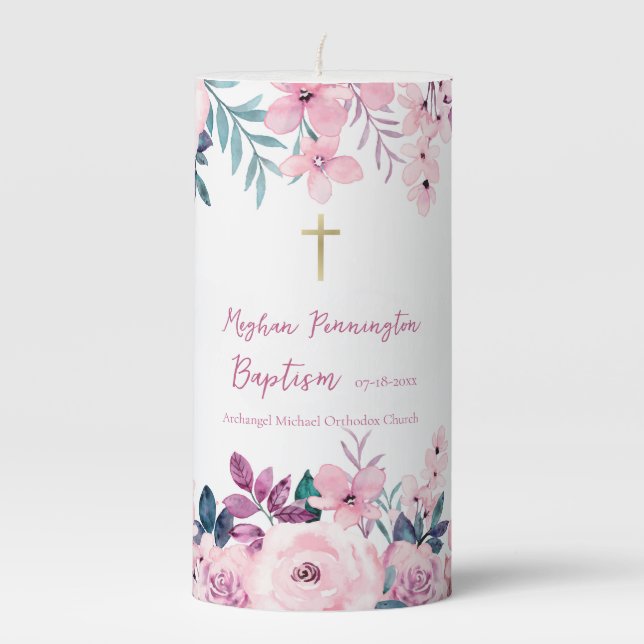 Vibrant Pastel Wildflowers Baptism Orthodox  Pillar Candle (Front)