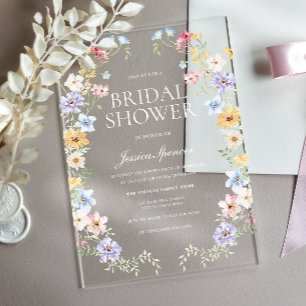 Vibrant Pastel Wildflowers Modern Bridal Shower Acrylic Invitations