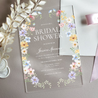 Vibrant Pastel Wildflowers Modern Bridal Shower Acrylic Invitations