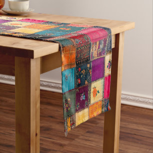 Vibrant Patchwork Quilt with Classic Florals Short Table Runner